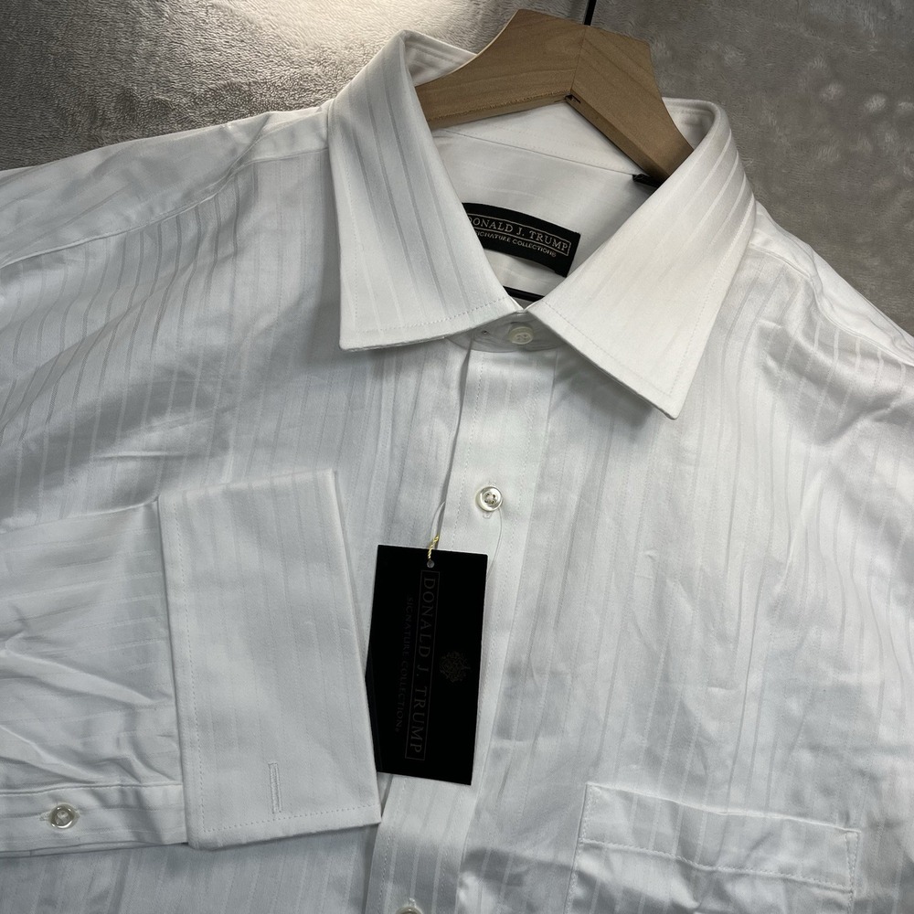 Donald J. Trump Mens Dress Shirt 18.5 36/37 Tall White Striped French Cuff NEW